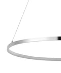Close-up of Round Hoop LED Pendant Light With Integrated Dimmable LEDs, Adjustable Height, Modern Chrome Finish, No Fuss For Kitchen Island Or Dining Room, Flicker Free, UL Listed, ETL Certified Ceiling Fixture, showing sleek chrome detail.