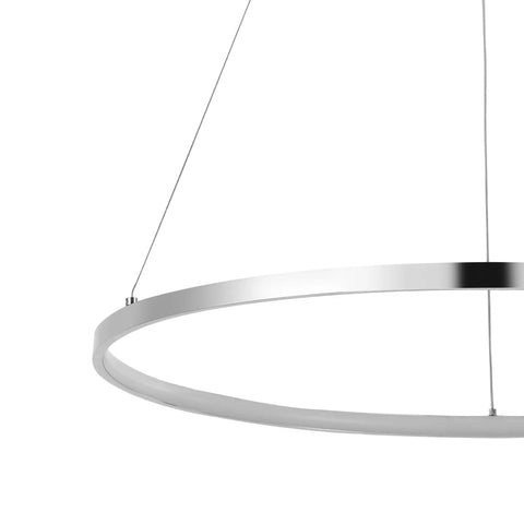 Close-up of Round Hoop LED Pendant Light With Integrated Dimmable LEDs, Adjustable Height, Modern Chrome Finish, No Fuss For Kitchen Island Or Dining Room, Flicker Free, UL Listed, ETL Certified Ceiling Fixture, showing sleek chrome detail.