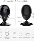 Connectivity features of 1080p Indoor Security Camera With Night Vision And Motion Alerts, accessories included, front and back view.