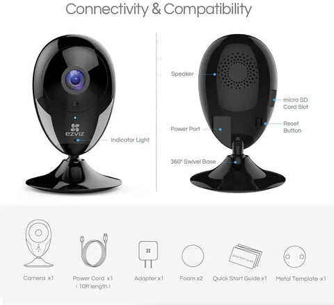 Connectivity features of 1080p Indoor Security Camera With Night Vision And Motion Alerts, accessories included, front and back view.