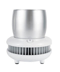 Keep Your Daily Sips Absolutely Dialed Smart Electric Cup Warmer And Cooler For Desk with silver cup on white base.