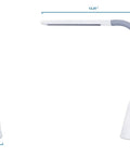 LED Desk Lamp With Ultra Quiet Bladeless Fan, Dimmable Gooseneck, Touch Control, White, side and front views with dimensions