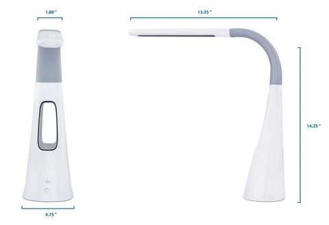 LED Desk Lamp With Ultra Quiet Bladeless Fan, Dimmable Gooseneck, Touch Control, White, side and front views with dimensions