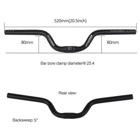 Rear view of Aluminum 25.4mm Handlebar Riser 80mm Rise, 520mm Long For Fixed Gear And Road Bikes, Black Finish.