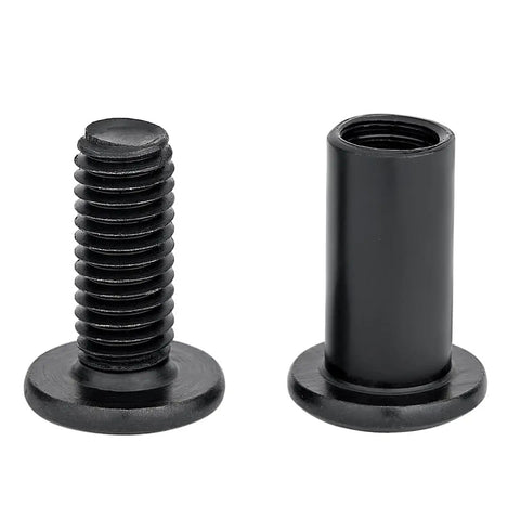 Close-up of 100 Pcs M8 X 20mm Black Barrel Nuts and Bolts for Knockout Furniture Assembly and Knuckle Busted Badass Mechanical Projects.