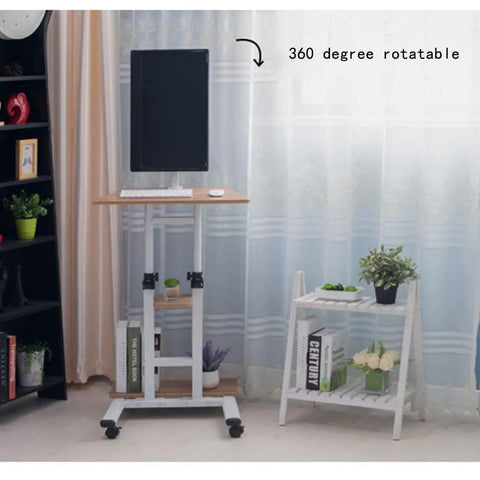 Height Adjustable Standing Laptop Desk With Smooth Rolling Wheels For An Ergonomic Sit Stand Workspace That Brings A Hella Fresh Vibe To Small Bedrooms And Cozy Home Office Setups, 360 degree rotatable with wood top.