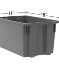 Heavy Duty Nest And Stack Plastic Storage Containers In Gray Built Tough For Daily Hauls And Worksite Organizing measuring 18x11x9 inches.