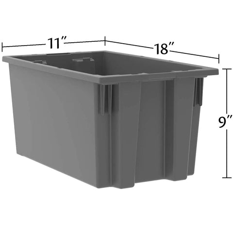 Heavy Duty Nest And Stack Plastic Storage Containers In Gray Built Tough For Daily Hauls And Worksite Organizing measuring 18x11x9 inches.