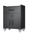 35 Inch Adjustable Shelf Tool Storage Cabinet With Rollin Smooth Locking Casters And Locked Tight Heavy Duty Frame For Professional Garage Workspace Setup In Deep Matte Black, front view with drawers and casters.