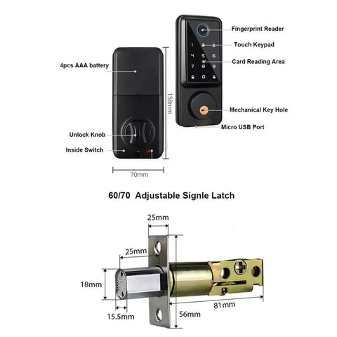 Slick Waterproof Smart Deadbolt With Biometric Scanner Digital Keypad Keyless Entry with detailed specifications and dimensions.