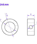 Technical diagram of 12mm Shaft Collar Lock Ring Set for Lead Screws, showing dimensions; nickel plated carbon steel, M5 screws included.