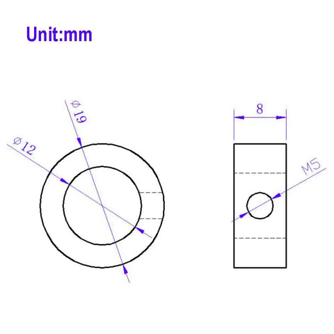 Technical diagram of 12mm Shaft Collar Lock Ring Set for Lead Screws, showing dimensions; nickel plated carbon steel, M5 screws included.