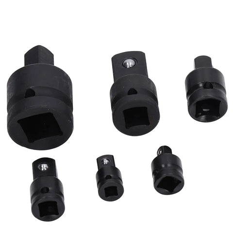 Top Grade 6 Piece Impact Socket Adapter Kit Forged From Chrome Tungsten Steel With Heavy Duty Storage Box Fits 1 4 Inch, 3 8 Inch, 1 2 Inch And 3 4 Inch Drives Perfect Gear For Home Garage Pros Who Need Serious Grit And Reliable Muscle. six black impact socket adapters on white background