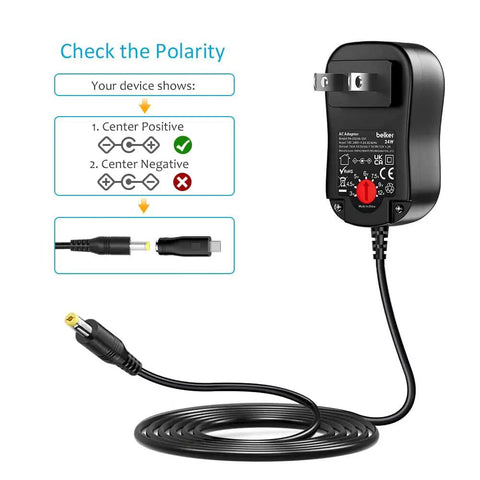 Universal 24W AC DC Wall Wart Power Adapter with polarity diagram and cord shown for multiple devices use