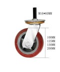 Badass Heavy Duty 4 Inch Swivel Caster Wheels 1300 Pound Load 4 Pack With Quiet Brake M16 Threaded Stem showing red polyurethane tire.