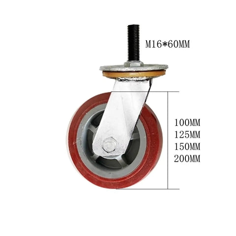 Badass Heavy Duty 4 Inch Swivel Caster Wheels 1300 Pound Load 4 Pack With Quiet Brake M16 Threaded Stem showing red polyurethane tire.