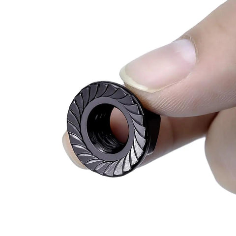 Heavy Duty M8 1.25 Hex Serrated Flange Nuts 304 Stainless Steel Black Oxide Finish tough grip held by hand.