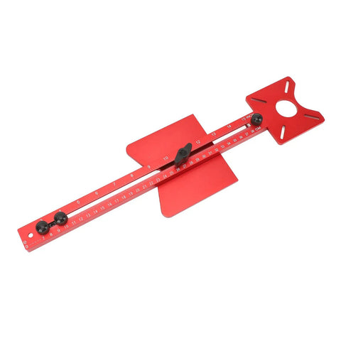 Rock Solid Heavy Duty 4 In 1 Aluminum Router Jig Kit With Quick Assembly Backer Bracket For Circle Cutting Groove Milling Edge Trimming Modular Woodworking Tool showing red gauge with scale and adjustable components.