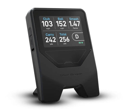 LM1 Portable Mini Launch Monitor for Golfers with real-time ball and club speed tracking, showing data on a digital display.