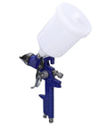 Top Tier Gravity Feed Hvlp Spray Gun With Six Hundred Cc Cup, featuring a blue aluminum body and white cup for paint applications.