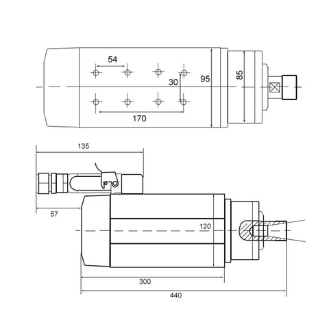 Technical drawing of Beast Pro 9.0KW CNC Milling Spindle Motor With Square Air Cooled Design ER32 Chuck 18000 RPM Four Bearings.