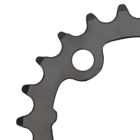 Close-up of 22 Tooth Bicycle Chainring for 104 BCD Cranks 64mm, carbon steel, for 8-10 speed road and mountain bikes with bolt hole detail