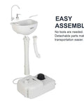 Super Heavy Duty Portable Foot Pump Wash Station With Smooth Rollin Base and No Fuss Soap Tray Plus Sturdy Hanging Rack made for outdoor work sites, RV camps, and backyards.