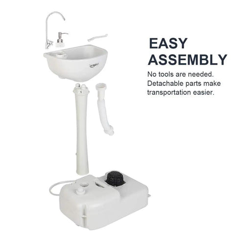 Super Heavy Duty Portable Foot Pump Wash Station With Smooth Rollin Base and No Fuss Soap Tray Plus Sturdy Hanging Rack made for outdoor work sites, RV camps, and backyards.