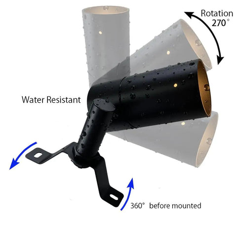 Illustration of Low Voltage Landscape Tree Lights for Outdoors with Moonlight Glow, black aluminum, rotation angles shown.