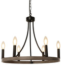 Wagon Wheel Chandelier For Dining Room, 6 Light Farmhouse Pendant With Wood Grain Finish, Rustic Black Metal Round Light Fixture