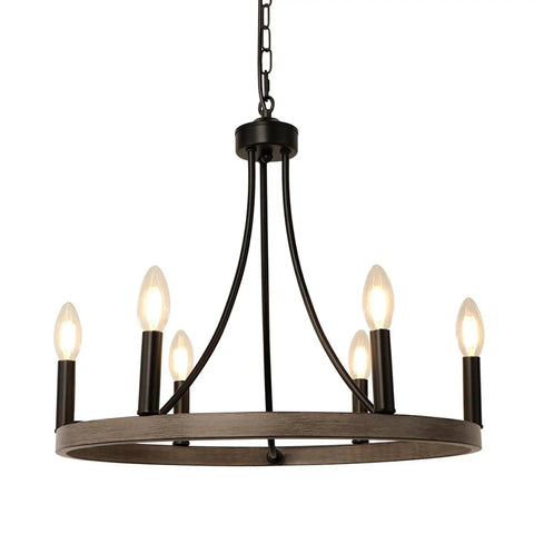 Wagon Wheel Chandelier For Dining Room, 6 Light Farmhouse Pendant With Wood Grain Finish, Rustic Black Metal Round Light Fixture