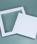 Rock Hard Eight By Eight Inch Drywall Access Panel Two Pack ABS plastic cover plates shown on a green background.