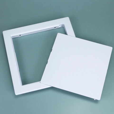 Rock Hard Eight By Eight Inch Drywall Access Panel Two Pack ABS plastic cover plates shown on a green background.