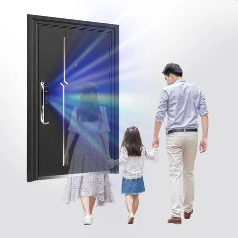 Slick Smart Video Door Lock With Hella Secure Fingerprint Reader Featuring Large Touchscreen Panel Remote Access Function Zero Hassle Keyless Entry For Daily Home Use, family approaching secure door.