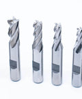 Front view: six-piece set of single-end 4-flute center-cutting end mills, sizes 1/8–1/2 in, 3/8 in shank