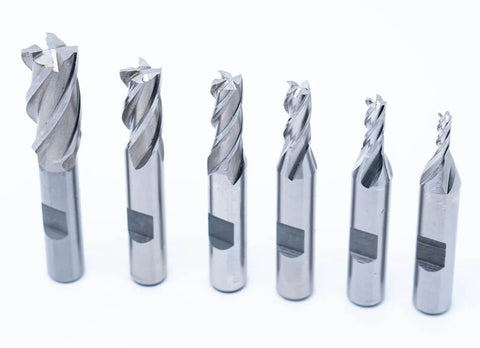Front view: six-piece set of single-end 4-flute center-cutting end mills, sizes 1/8–1/2 in, 3/8 in shank