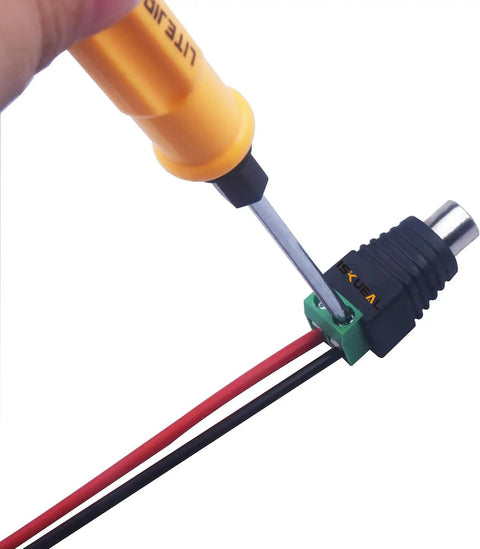 Hand holding a screwdriver connecting Smooth As Butter Rca To Av Screw Terminal Connector Speaker Wire To Rca Adapter.