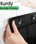Heavy Duty Over The Door Shoe Organizer With 24 Roomy Pockets, showing sturdy nonslip hooks for secure hanging.