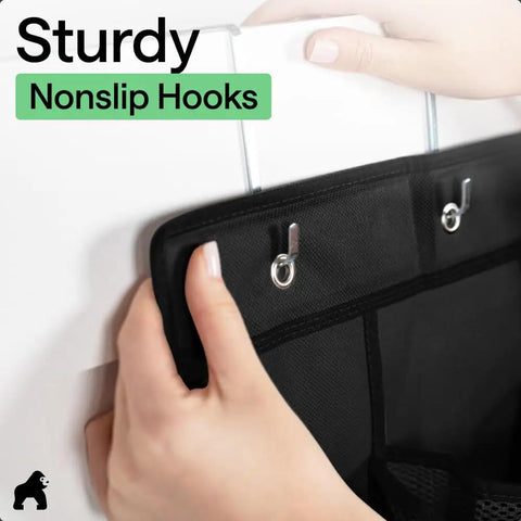 Heavy Duty Over The Door Shoe Organizer With 24 Roomy Pockets, showing sturdy nonslip hooks for secure hanging.