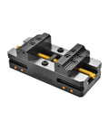 Heavy Duty Eight Inch Self Centering Vise Swivels Like Butter And Holds Tight With Rock Solid Jaws For Easy Clamping Of Pipes And Round Stock Ideal For Five Axis Cnc Machine Tables And Shop Sanding Rigs - close-up view of the robust black and silver vise with adjustable jaws.