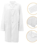 Men's Long Sleeve Lab Coat For Medical Pros Comfortable Doc Costume For Adults Unisex Design Ideal For Med Students, Lab Work, And Classroom Settings, front view with detail highlights of pocket, sleeve, and collar.
