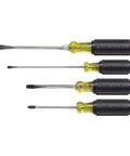 USA Made Four Piece Slotted And Phillips Screwdriver Set With Cushion Grip Handles And Tip Ident arranged horizontally on white background.