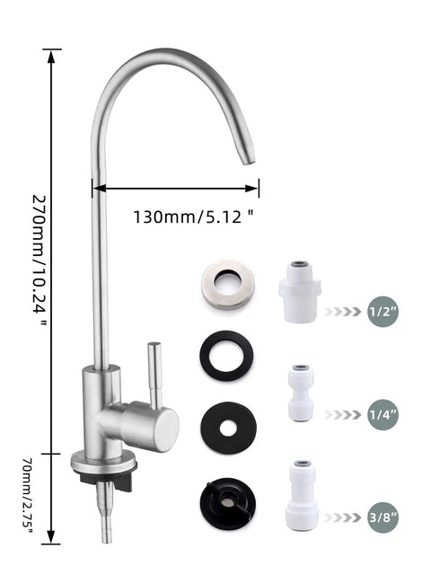 Lead Free Reverse Osmosis Drinking Water Faucet features slick high gooseneck design and SUS304 steel durability, with dimensions.
