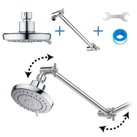 High Pressure Rain Shower Head With 11 Inch Adjustable Arm 5 Function Rainfall Showerhead Chrome Finish Water Flows Vertically