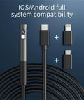 Tough Waterproof Mini Endoscope Camera With Crisp 2MP HD Video Six Bright LED Rings angled view of connectors and probe.