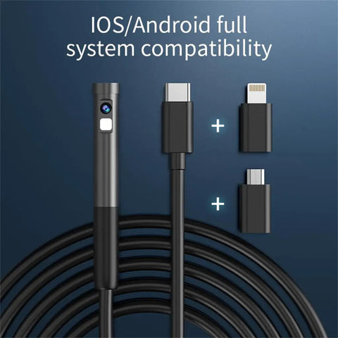 Tough Waterproof Mini Endoscope Camera With Crisp 2MP HD Video Six Bright LED Rings angled view of connectors and probe.