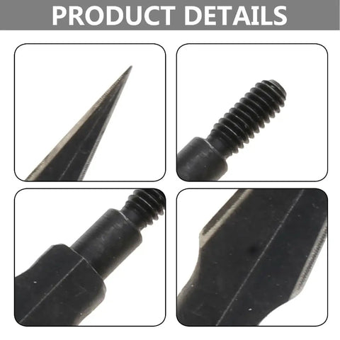 Close-up of 6 Pack Carbon Steel Archery Field Points 62mm 4mm Thread Arrow Tips showing sharp top and threaded design.
