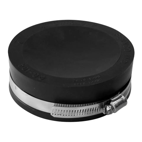 Qwik Cap 4 Inch Flexible PVC Pipe Cap With Stainless Steel Clamps Black 2 Pack No Fuss Quick Fit Seal For Plumbing Duct And Outdoor Drainage Projects DIY Ready Install close-up black PVC cap