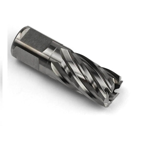 Oscarbide 3/4x1 in annular cutter, angled side view, Weldon shank, 1 in depth of cut, steel finish