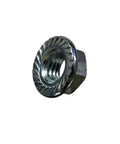 One Hundred Pack Of 1/4-20 Coarse Thread Zinc Plated Steel Hex Serrated Flange Nuts For Auto Work And Garage Projects Built Like Iron Hardware With Rust Resistant Finish And Simple Setup. Close-up view of a zinc plated steel hex flange nut.